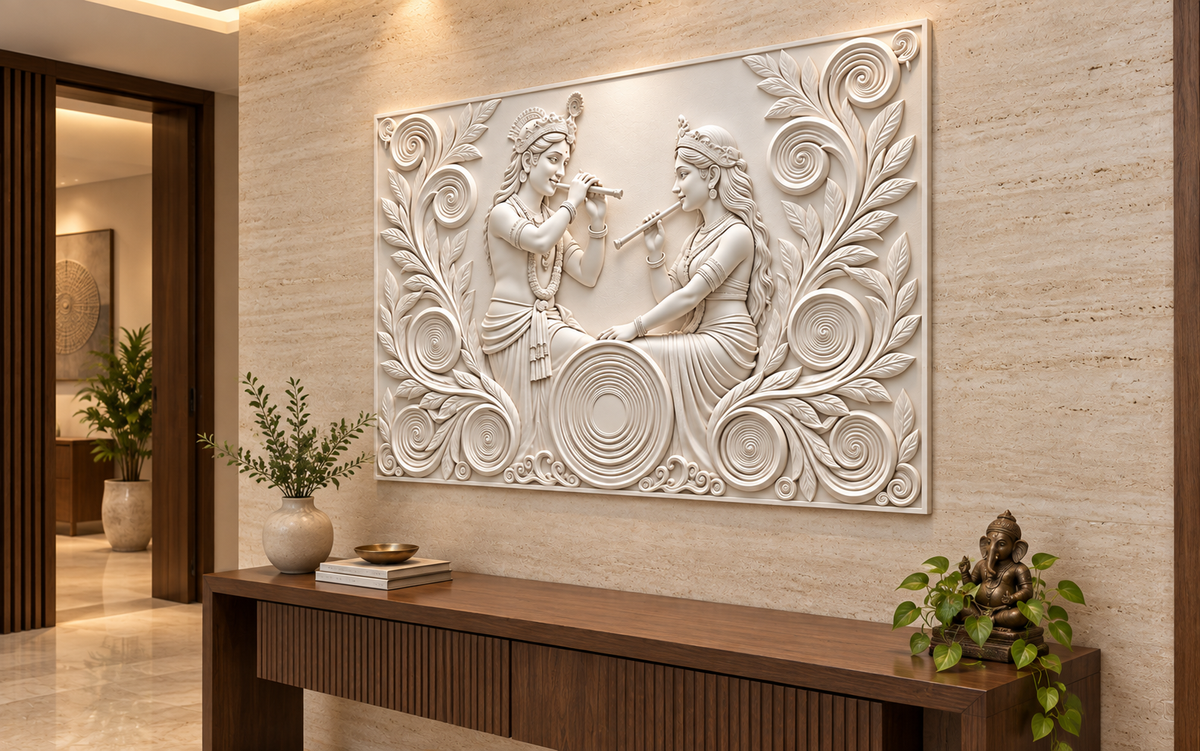 Flute Duet Spiral Garden Corian wall panel, right view in a Mumbai entrance reception area; AI-assisted concept visualisation