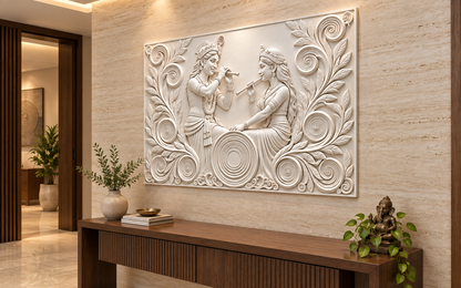 Flute Duet Spiral Garden Corian wall panel, right view in a Mumbai entrance reception area; AI-assisted concept visualisation