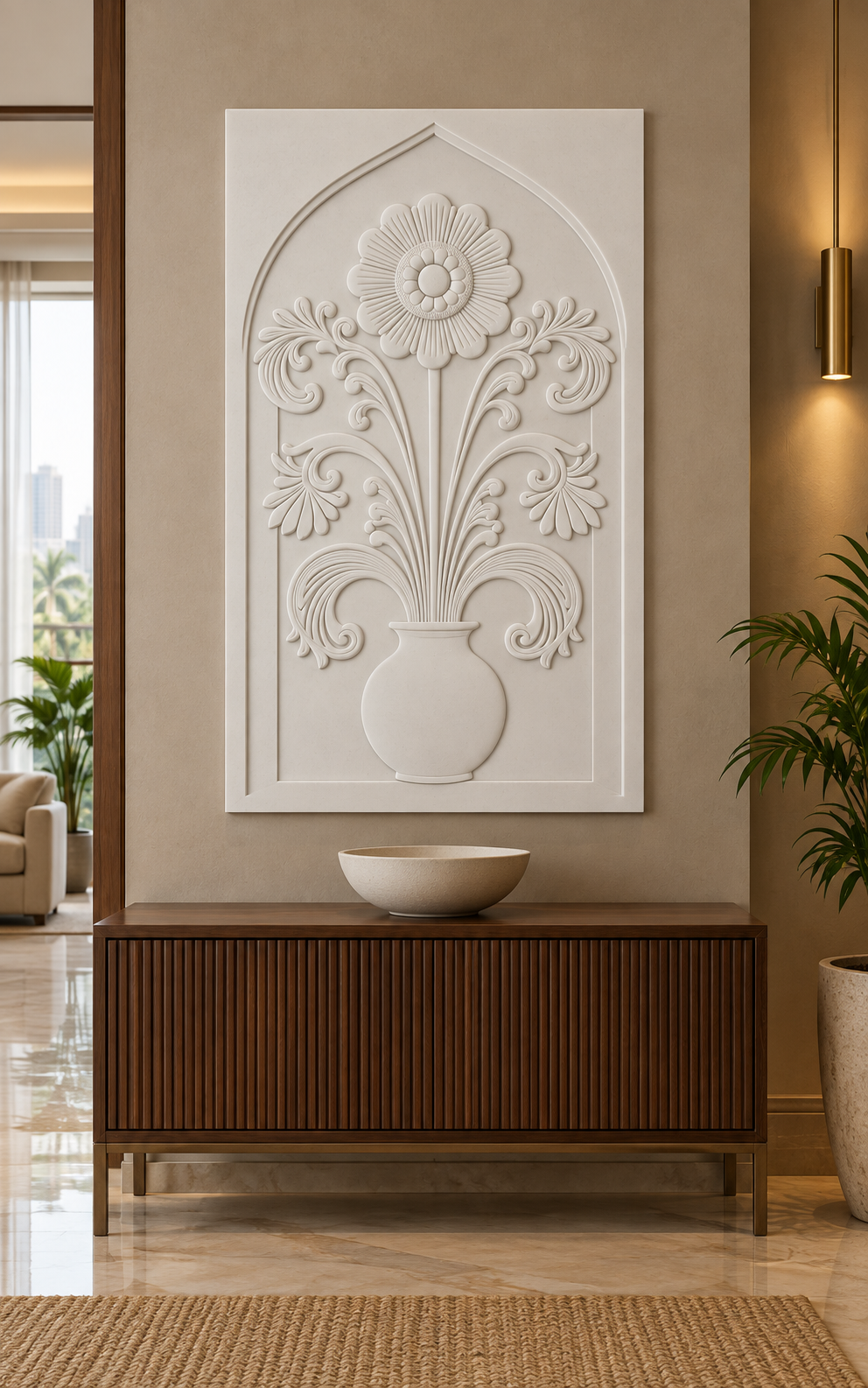 Fluted Daisy Acanthus Arch Corian wall panel, front view in a refined Mumbai apartment foyer with a walnut console and brass lighting; AI-assisted concept visualisation