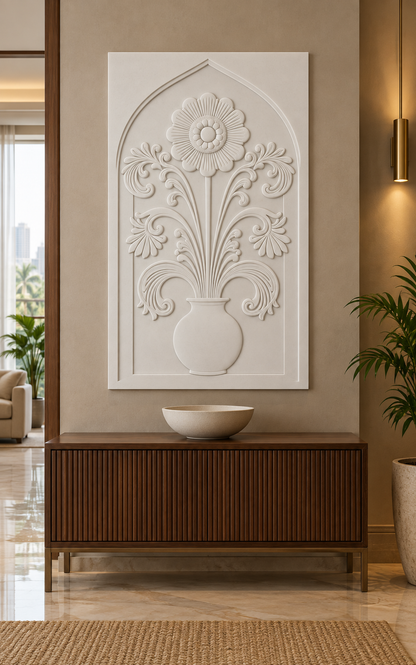 Fluted Daisy Acanthus Arch Corian wall panel, front view in a refined Mumbai apartment foyer with a walnut console and brass lighting; AI-assisted concept visualisation
