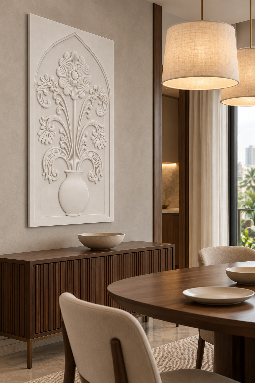 Fluted Daisy Acanthus Arch Corian wall panel, left view in a Mumbai dining nook with a dark walnut sideboard, oval table and linen pendants; AI-assisted concept visualisation