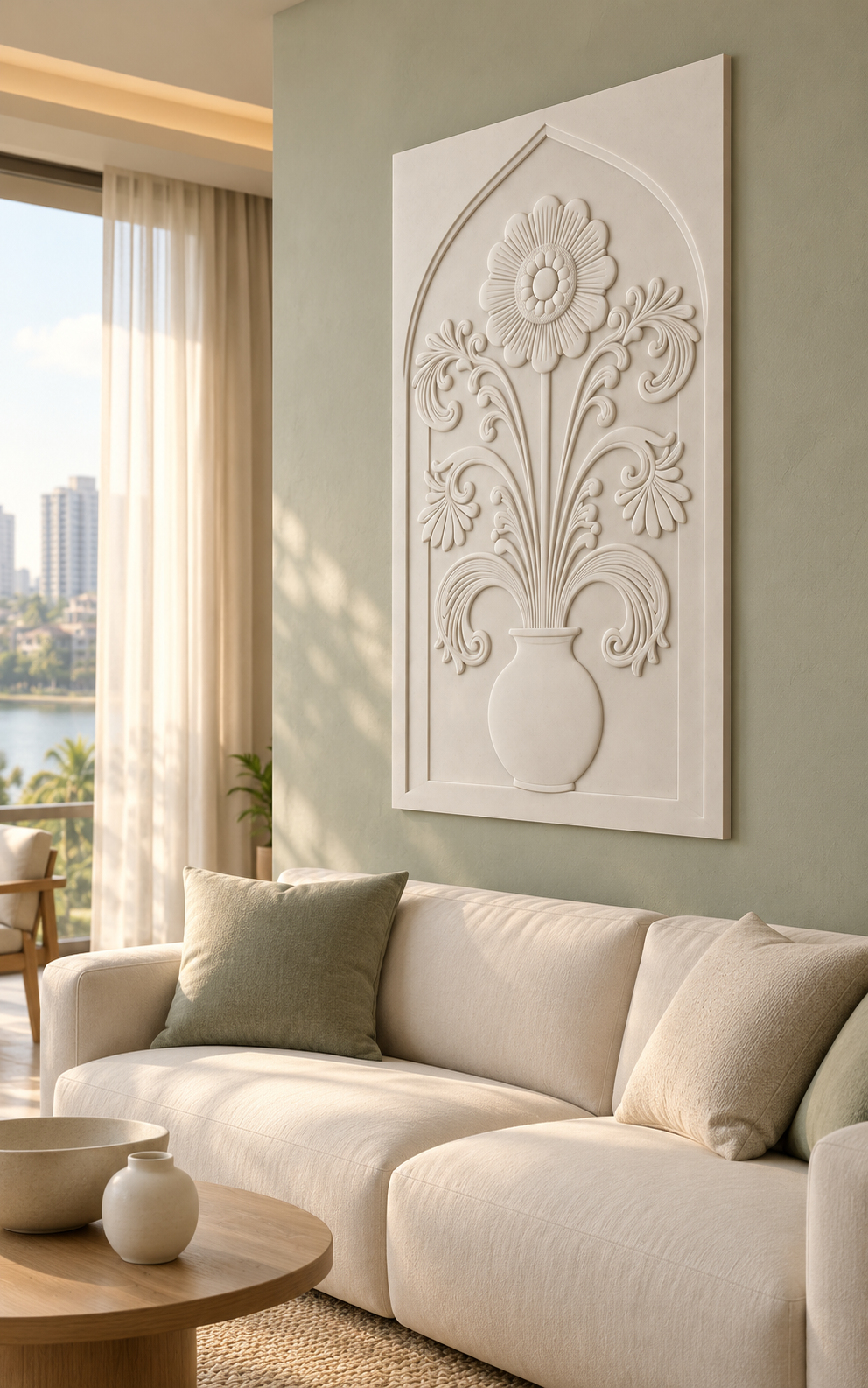 Fluted Daisy Acanthus Arch Corian wall panel, right view in a Mumbai living room with a low ivory sofa, pale oak side table and soft window light; AI-assisted concept visualisation