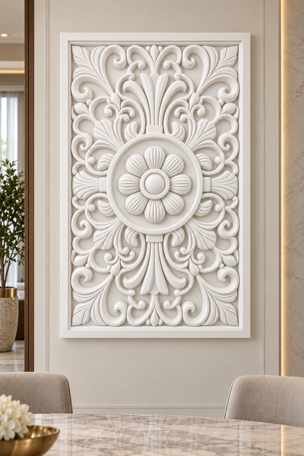 Fluted Daisy Fan Crest Corian wall panel, front view on a formal dining room wall in a Mumbai home; AI-assisted concept visualisation