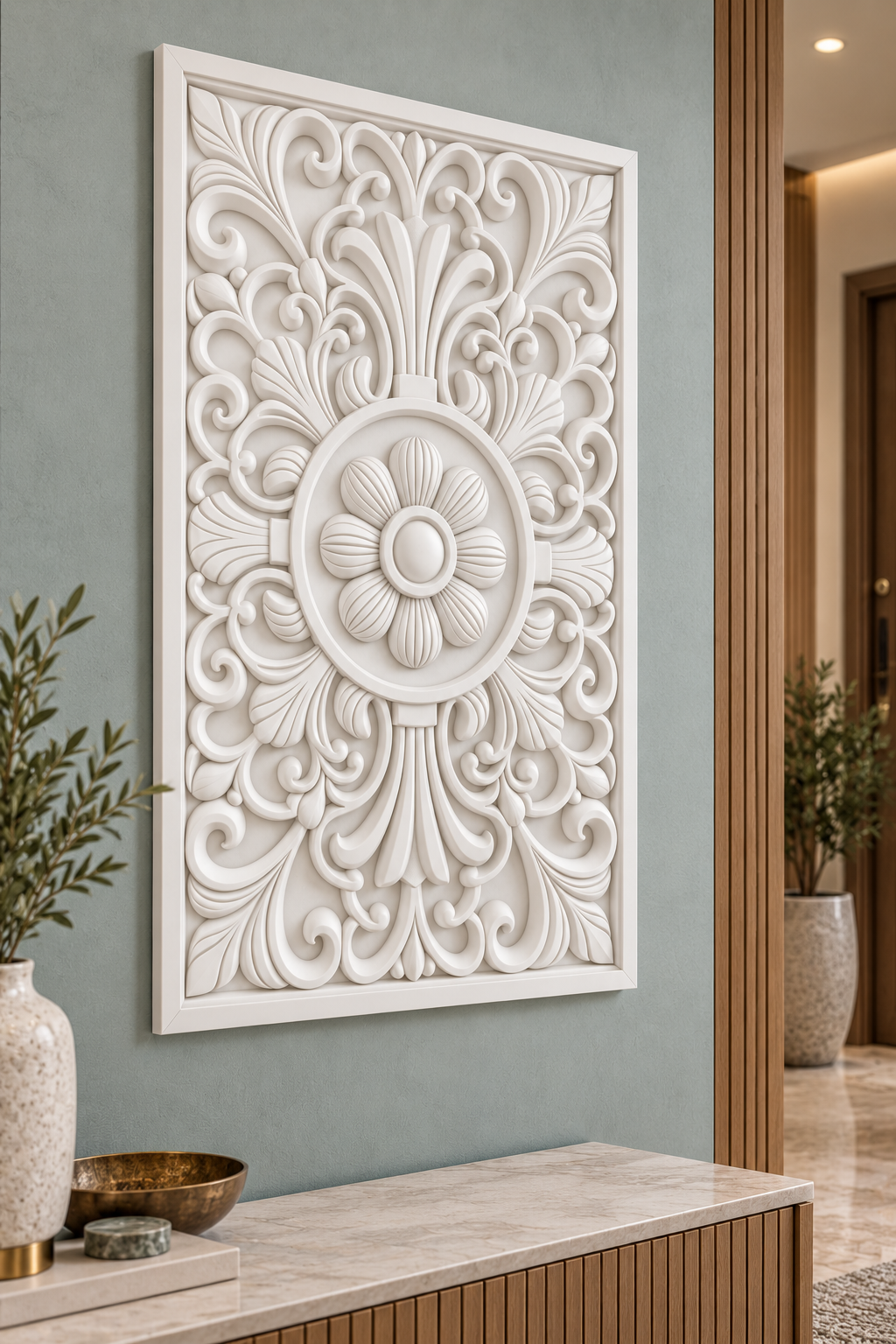Fluted Daisy Fan Crest Corian wall panel, left view on an entrance console wall in a Mumbai home; AI-assisted concept visualisation