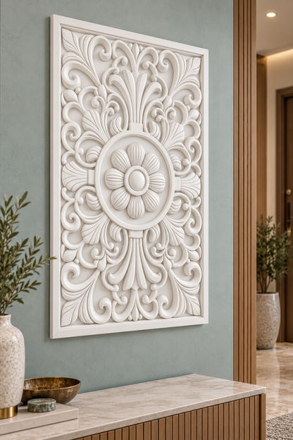 Fluted Daisy Fan Crest Corian wall panel, left view on an entrance console wall in a Mumbai home; AI-assisted concept visualisation
