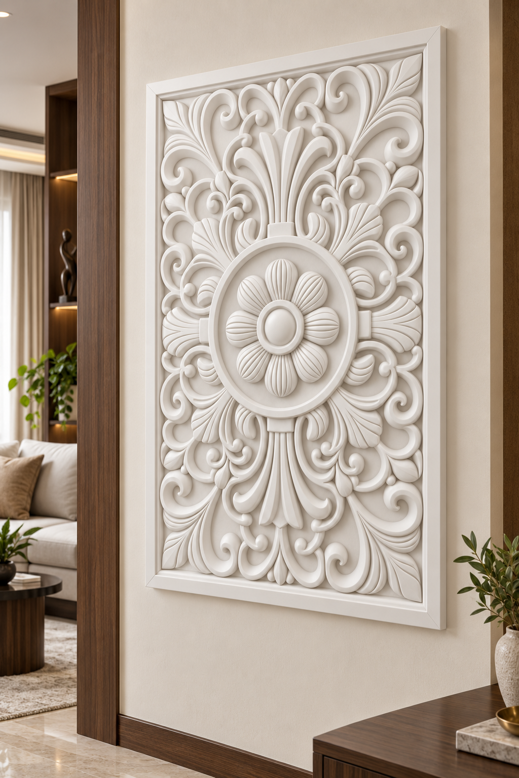 Fluted Daisy Fan Crest Corian wall panel, right view on a living room side wall in a Mumbai home; AI-assisted concept visualisation