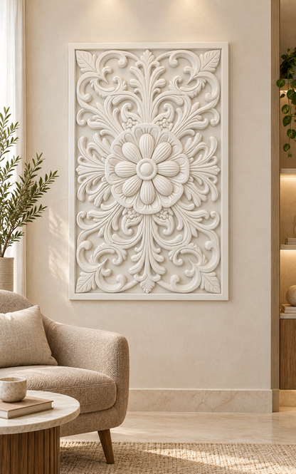 Fluted Daisy Scallop Crest Corian wall panel, front view on a living room reading alcove in a Mumbai home; AI-assisted concept visualisation