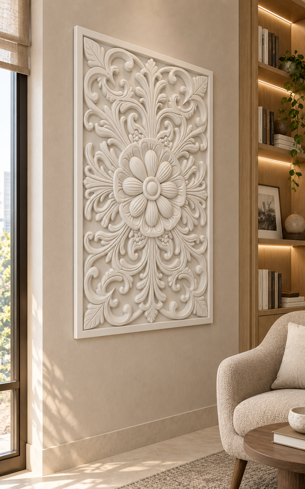 Fluted Daisy Scallop Crest Corian wall panel, left view on a home library feature wall in a Mumbai home; AI-assisted concept visualisation