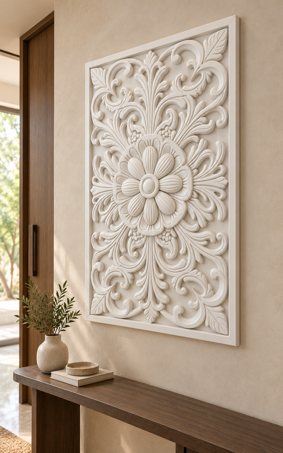 Fluted Daisy Scallop Crest Corian wall panel, right view on an entrance console wall in a Mumbai home; AI-assisted concept visualisation