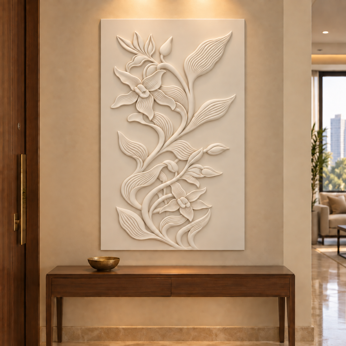 Fluted Floral Scrollwork Corian wall panel, 2.5 x 4 ft, front view in entrance foyer, 12-24 mm total depth