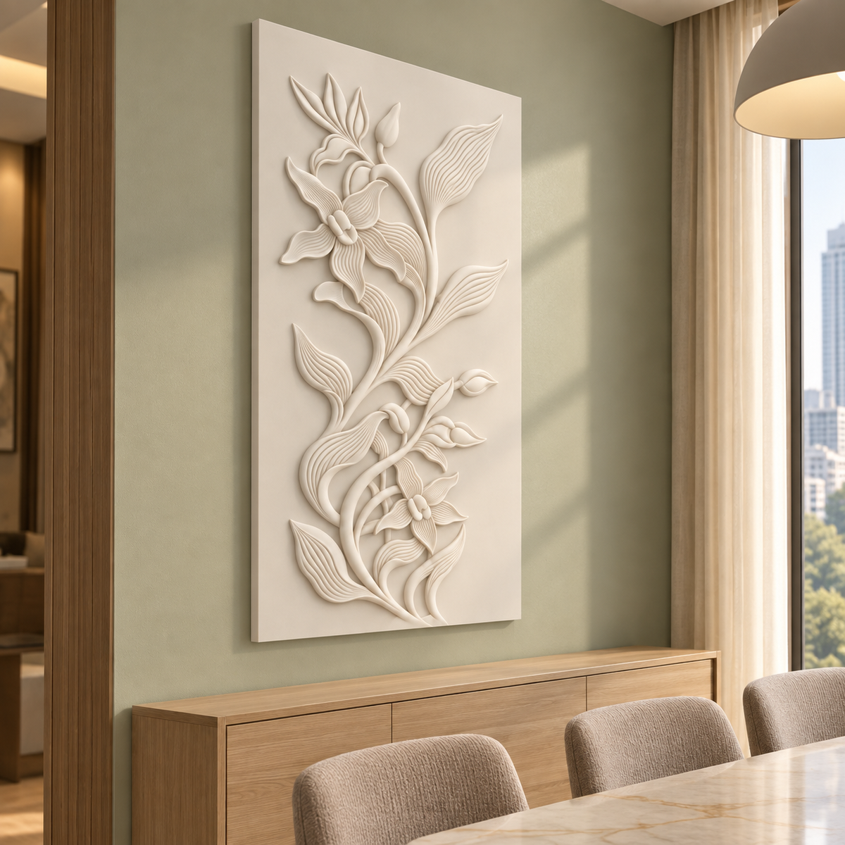 Fluted Floral Scrollwork Corian wall panel, 2.5 x 4 ft, left view in dining room, 12-24 mm total depth