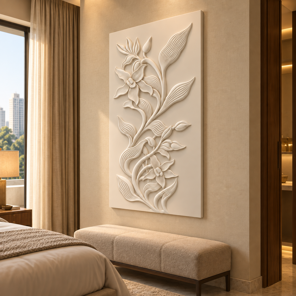 Fluted Floral Scrollwork Corian wall panel, 2.5 x 4 ft, right view in bedroom, 12-24 mm total depth