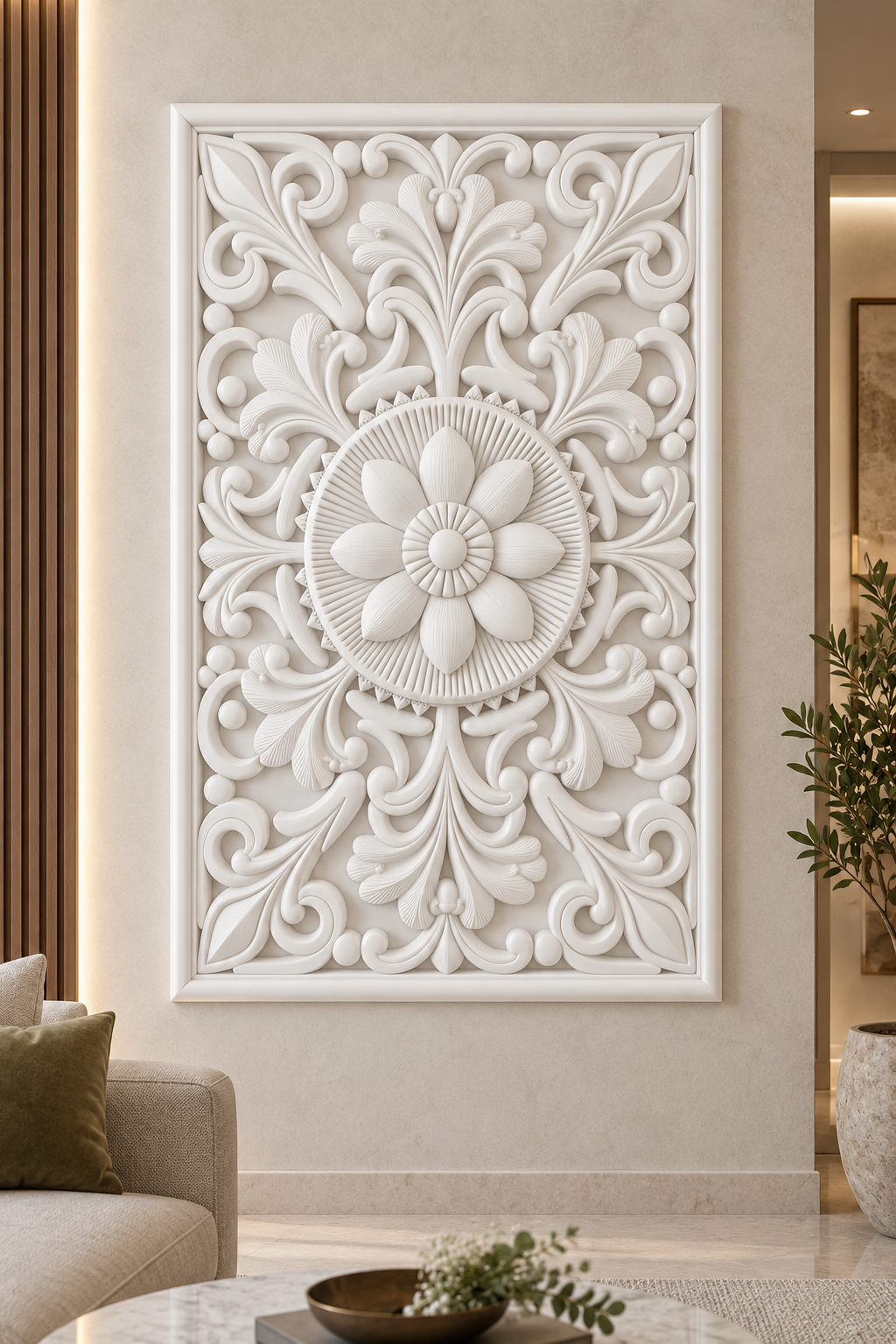 Fluted Halo Leaf Rosette Corian wall panel, front view on a living room feature wall in a Mumbai home; AI-assisted concept visualisation