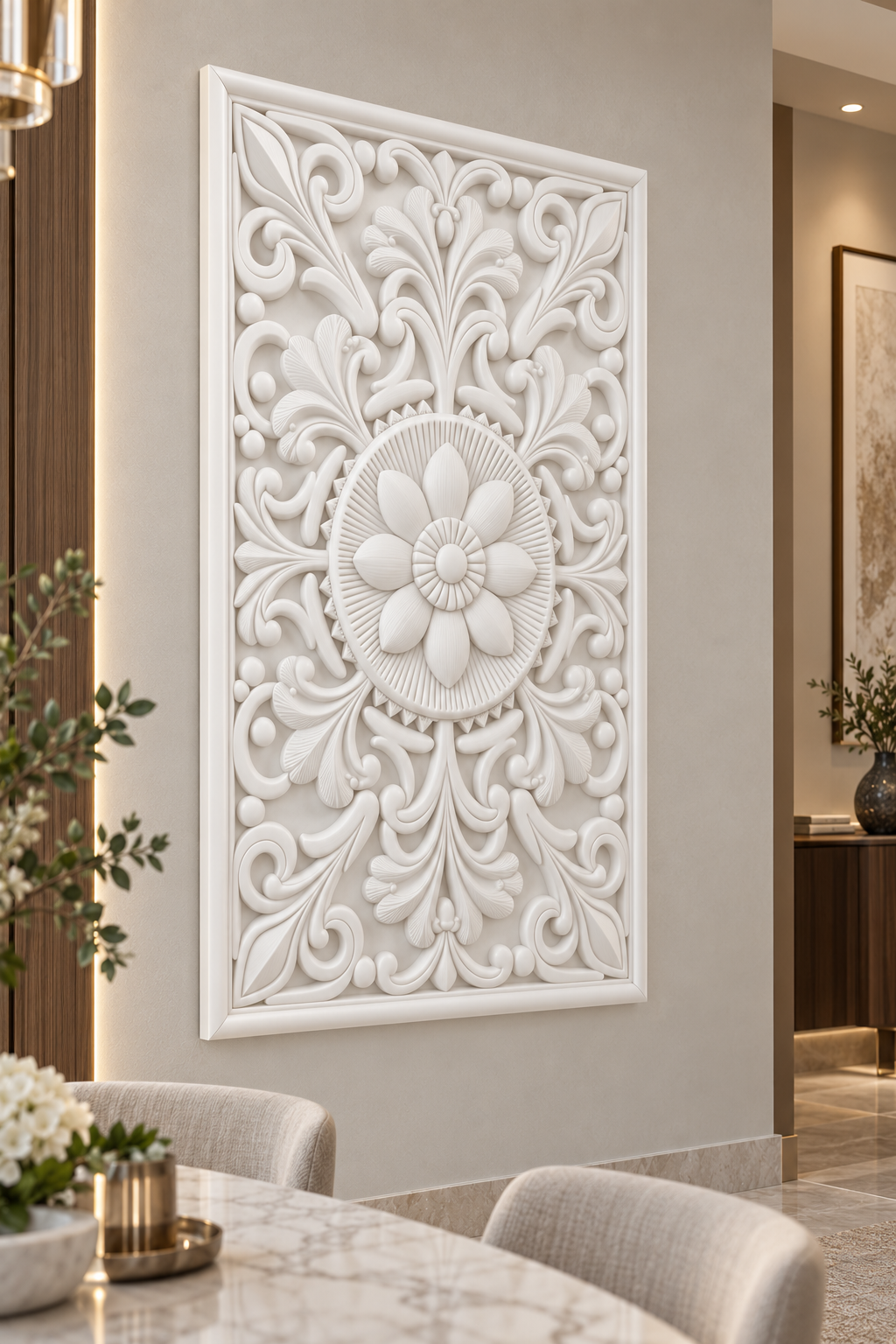 Fluted Halo Leaf Rosette Corian wall panel, left view on a formal dining room wall in a Mumbai home; AI-assisted concept visualisation