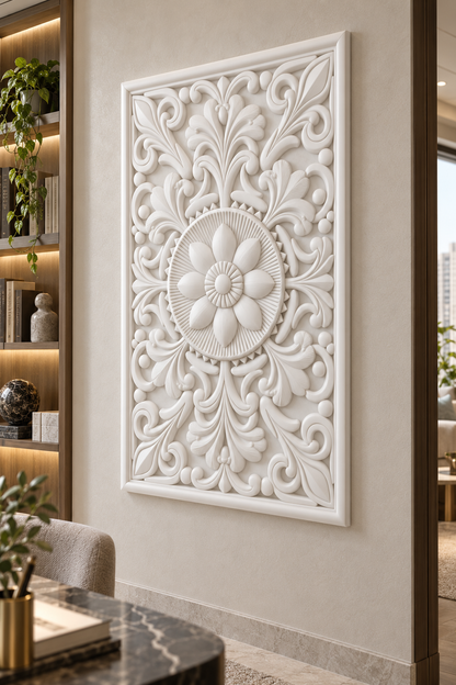 Fluted Halo Leaf Rosette Corian wall panel, right view on a home library accent wall in a Mumbai home; AI-assisted concept visualisation