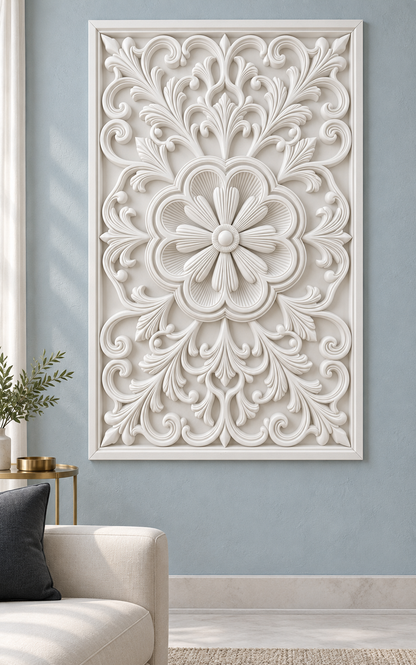 Fluted Scallop Daisy Crest Corian wall panel, front view on a formal living room accent wall in a Mumbai home; AI-assisted concept visualisation