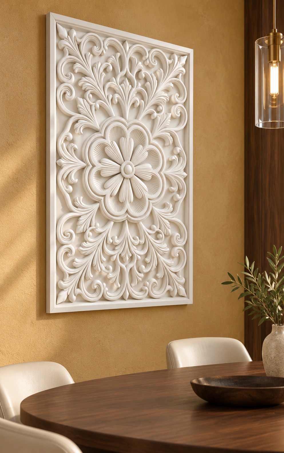 Fluted Scallop Daisy Crest Corian wall panel, left view on a dining room display wall in a Mumbai home; AI-assisted concept visualisation