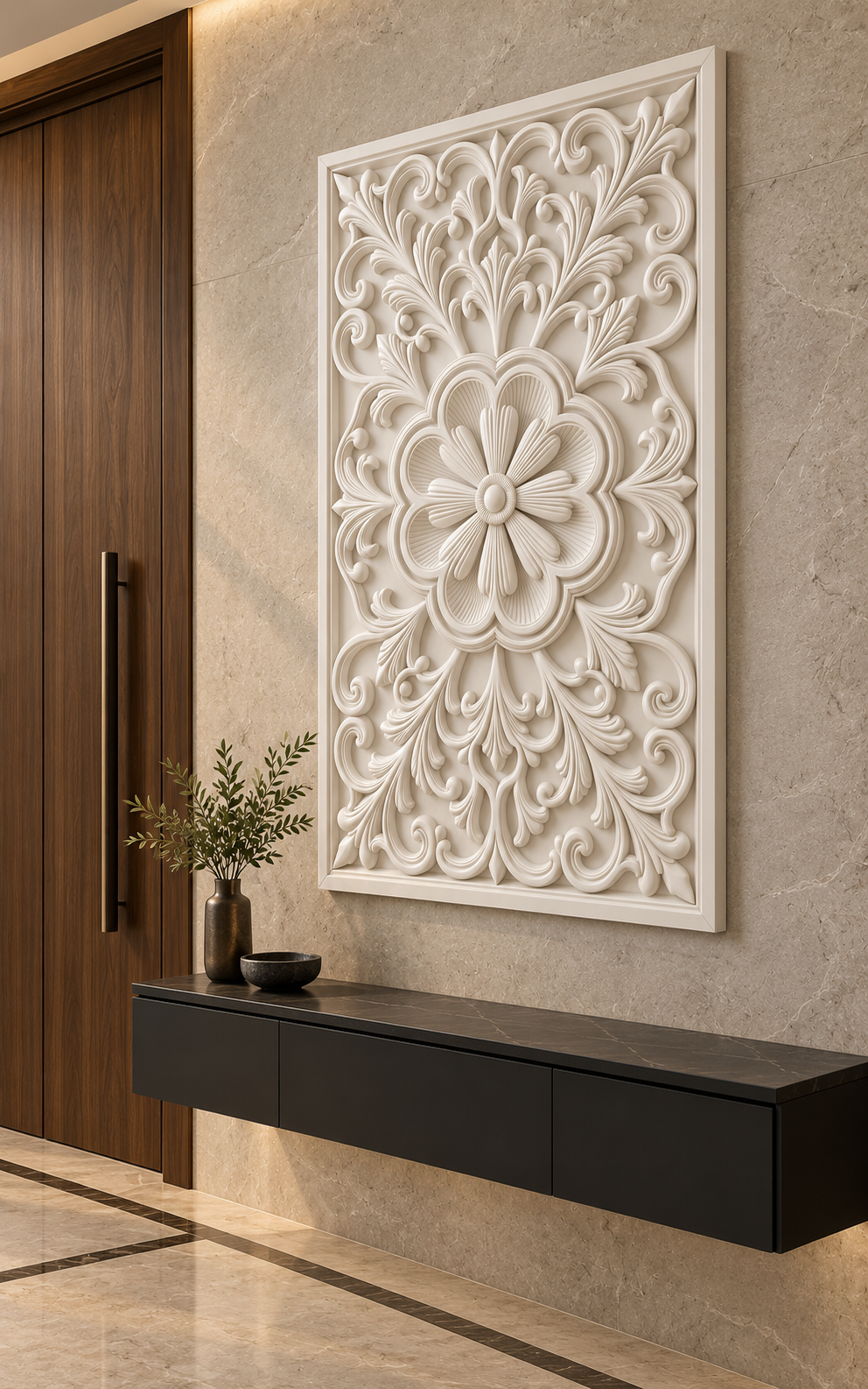 Fluted Scallop Daisy Crest Corian wall panel, right view on an entrance reception wall in a Mumbai home; AI-assisted concept visualisation