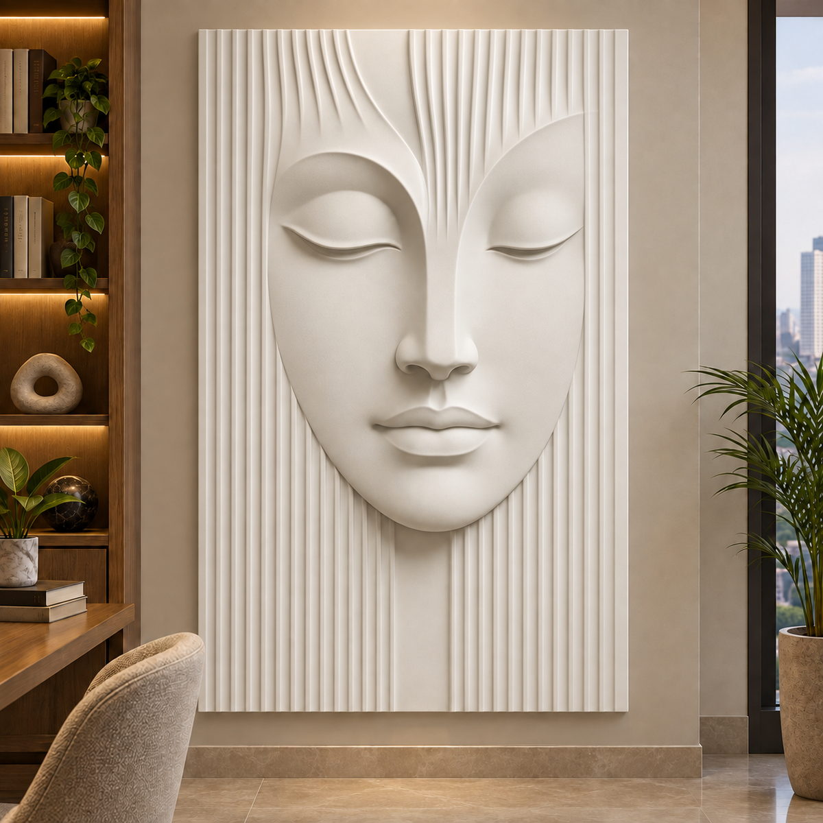 Fluted Stillness Face Corian Wall Panel CWP-439, front view in a luxury Mumbai home library; white Corian relief concept visualisation