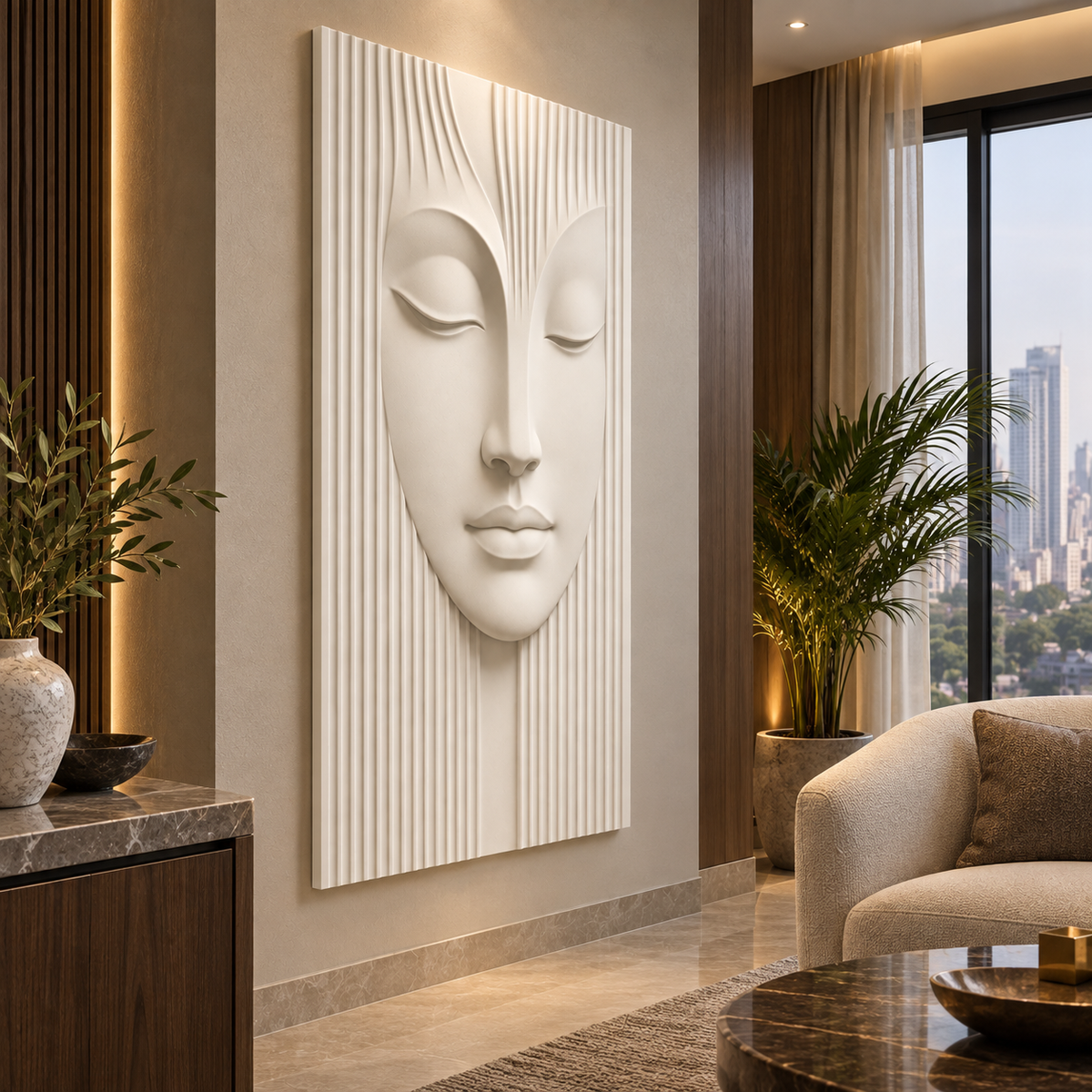 Fluted Stillness Face Corian Wall Panel CWP-439, left view in a luxury Mumbai private sitting room; white Corian relief concept visualisation