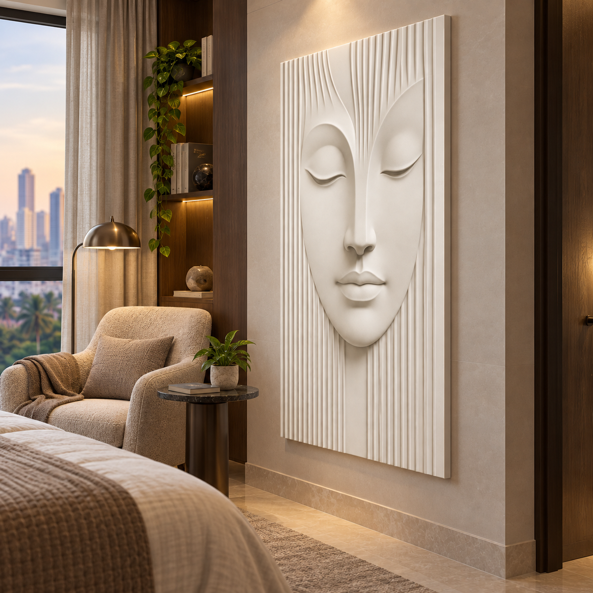 Fluted Stillness Face Corian Wall Panel CWP-439, right view in a luxury Mumbai bedroom reading corner; white Corian relief concept visualisation