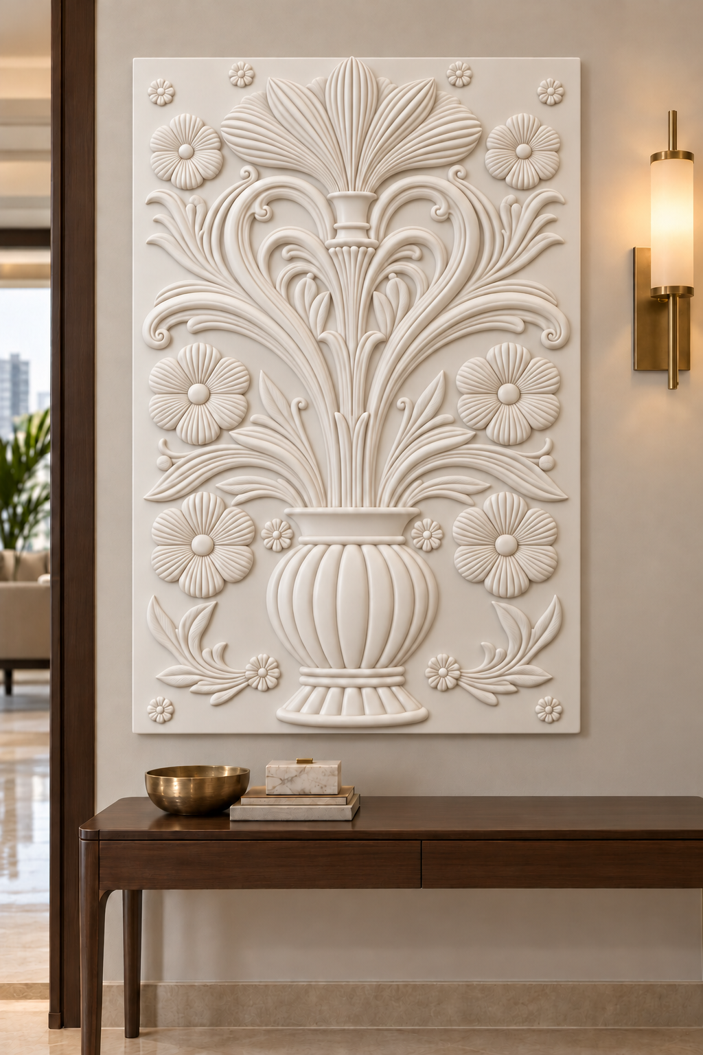 CWP-652 Fluted Urn Floral Crest Corian Wall Panel, 2.5 ft wide x 4 ft high, front view in a Mumbai entry console; AI-assisted concept visualisation
