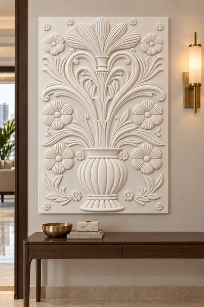 CWP-652 Fluted Urn Floral Crest Corian Wall Panel, 2.5 ft wide x 4 ft high, front view in a Mumbai entry console; AI-assisted concept visualisation