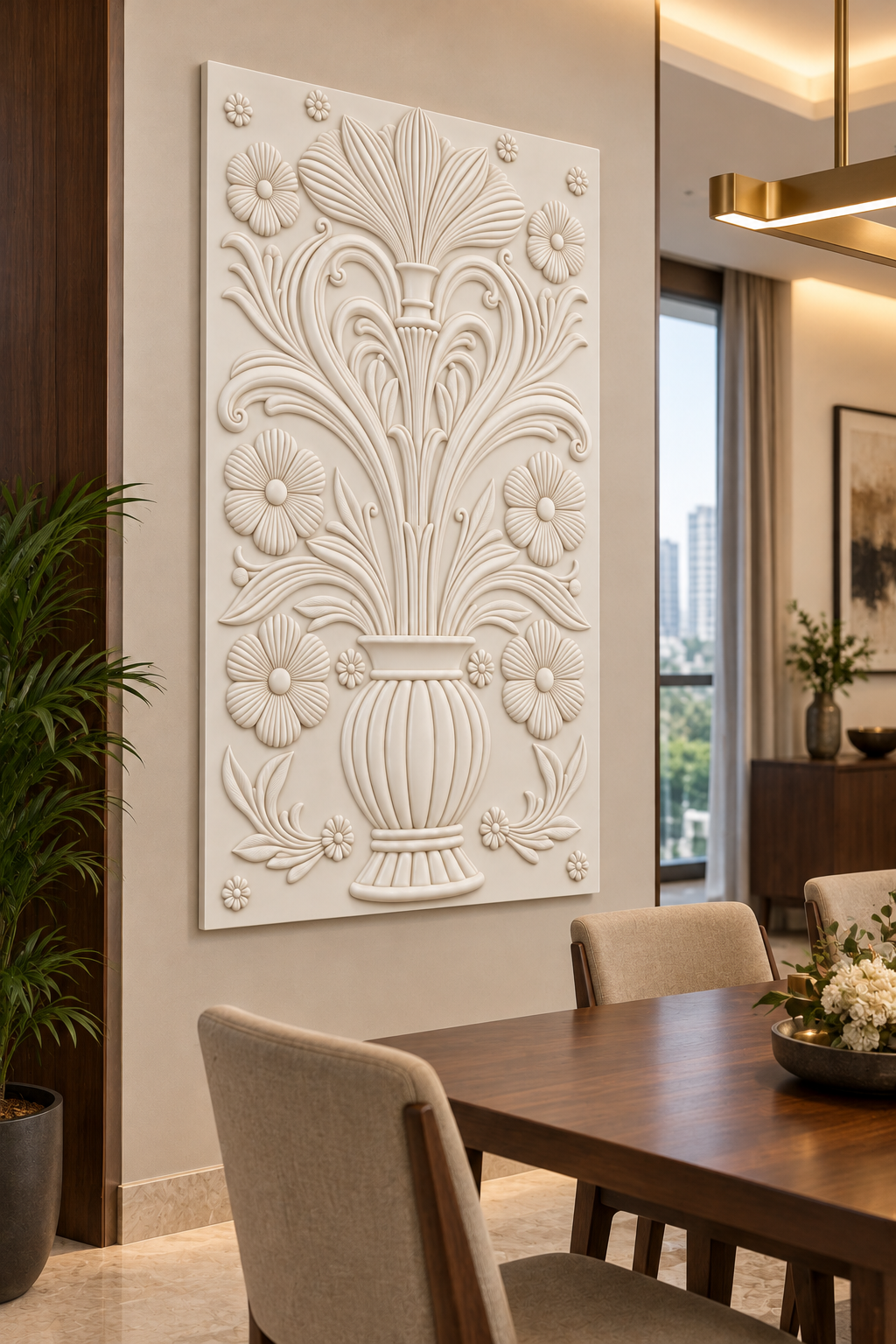 CWP-652 Fluted Urn Floral Crest Corian Wall Panel, 2.5 ft wide x 4 ft high, left view in a Mumbai dining room; AI-assisted concept visualisation