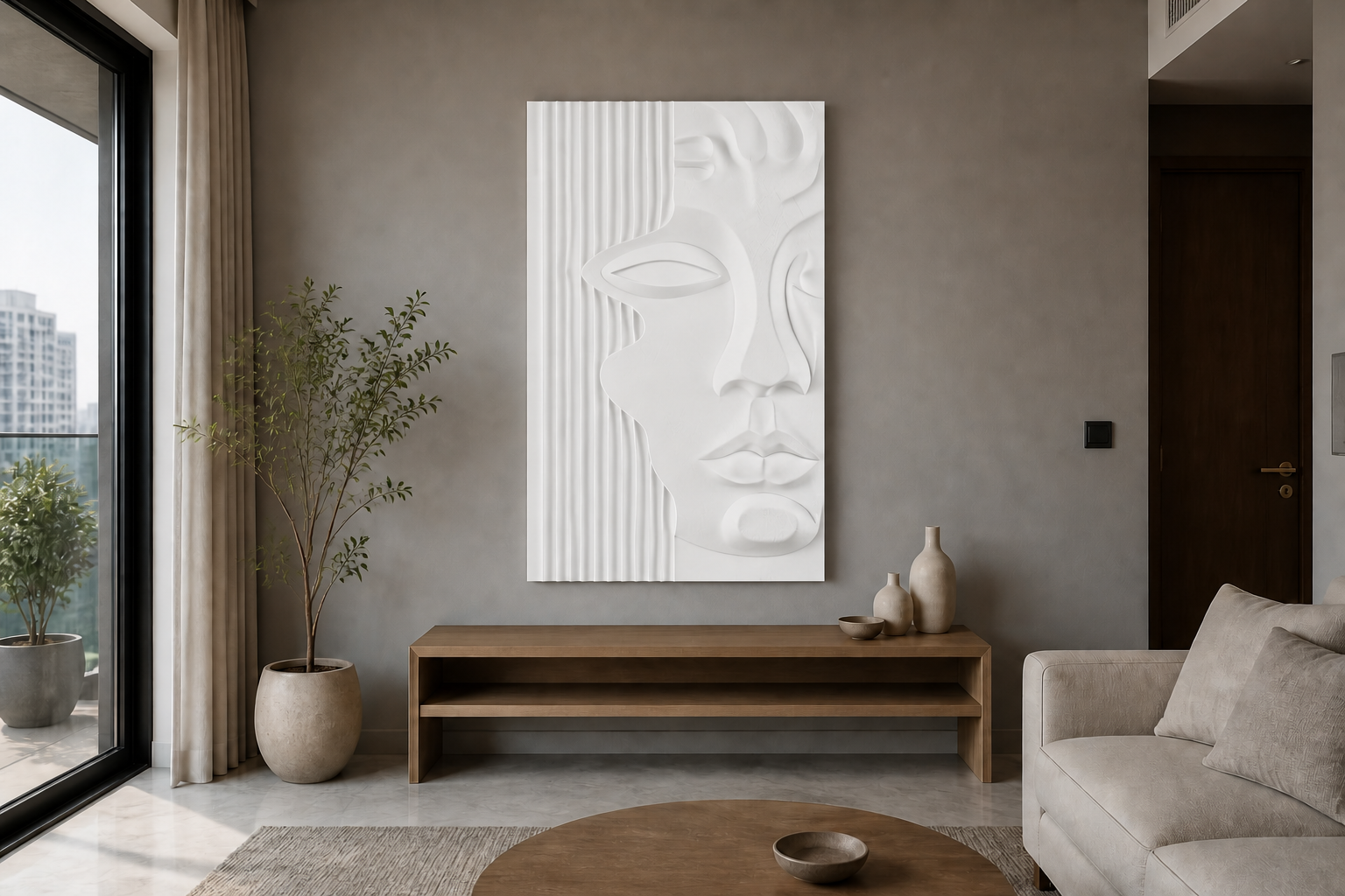 Fluted Visage white Corian wall panel, front view in a Mumbai home interior visualisation