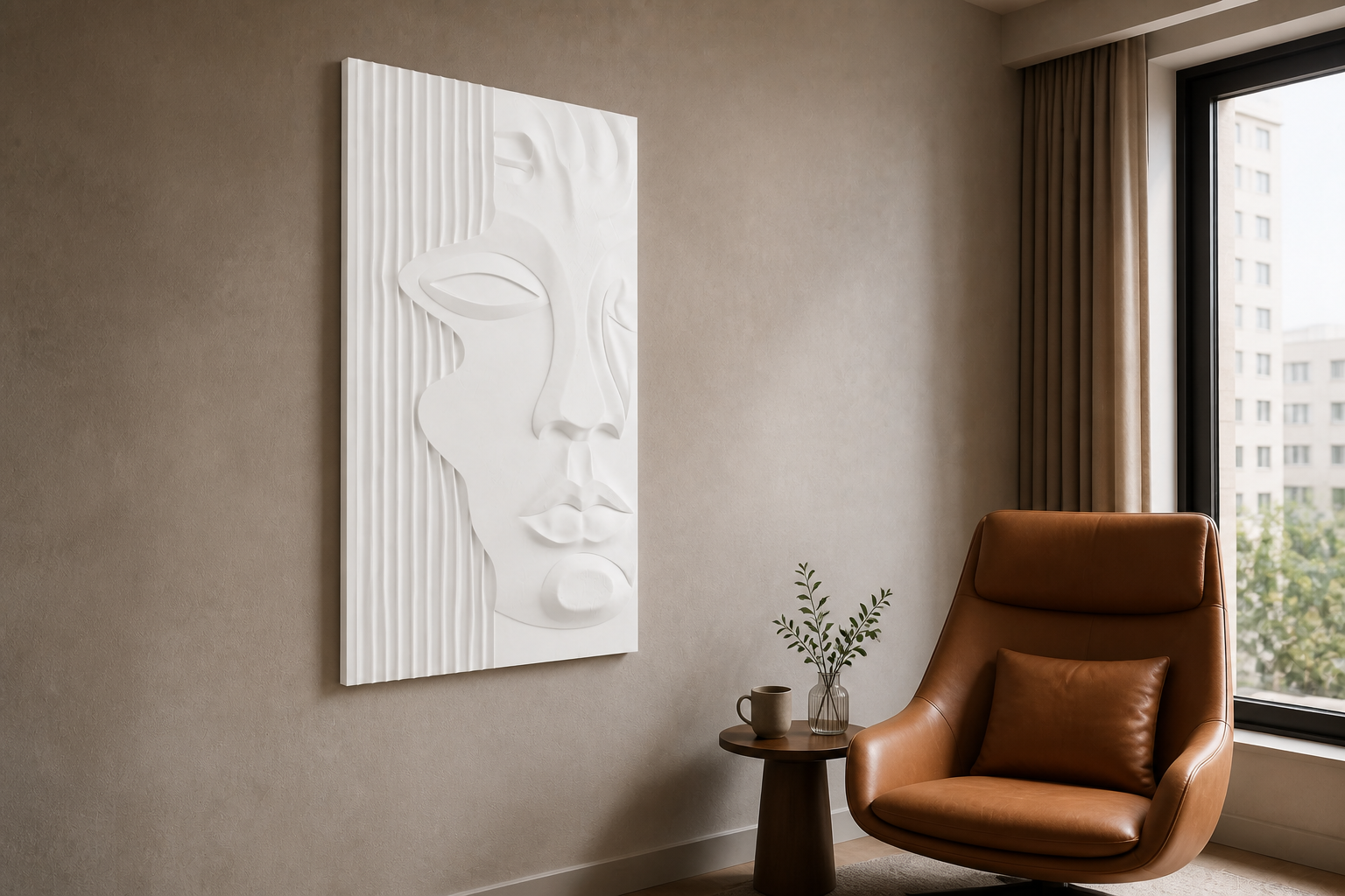 Fluted Visage white Corian wall panel, left angle view in a Mumbai home interior visualisation
