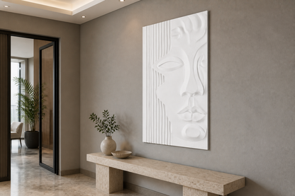 Fluted Visage white Corian wall panel, right angle view in a Mumbai home interior visualisation