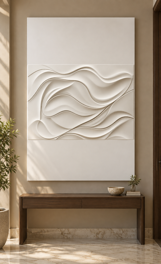 Folded Current Basin satin white Corian wall panel, front view in a warm taupe Mumbai entrance foyer with a slim walnut console.