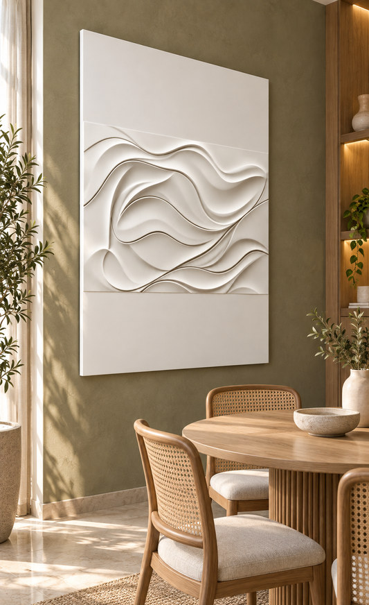 Folded Current Basin satin white Corian wall panel, left view in a muted olive Mumbai dining nook with a round oak table.