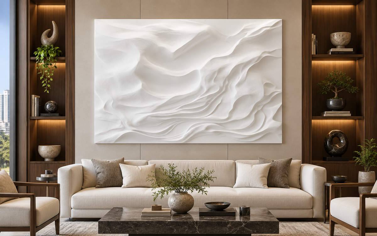 Folded Mountain Relief Corian Wall Panel CWP-615, front view in a Mumbai home setting; AI-assisted concept