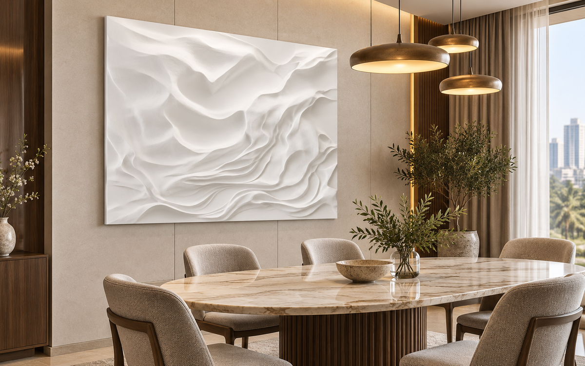 Folded Mountain Relief Corian Wall Panel CWP-615, left view in a Mumbai home setting; AI-assisted concept