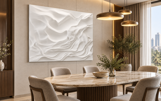 Folded Mountain Relief Corian Wall Panel CWP-615, left view in a Mumbai home setting; AI-assisted concept