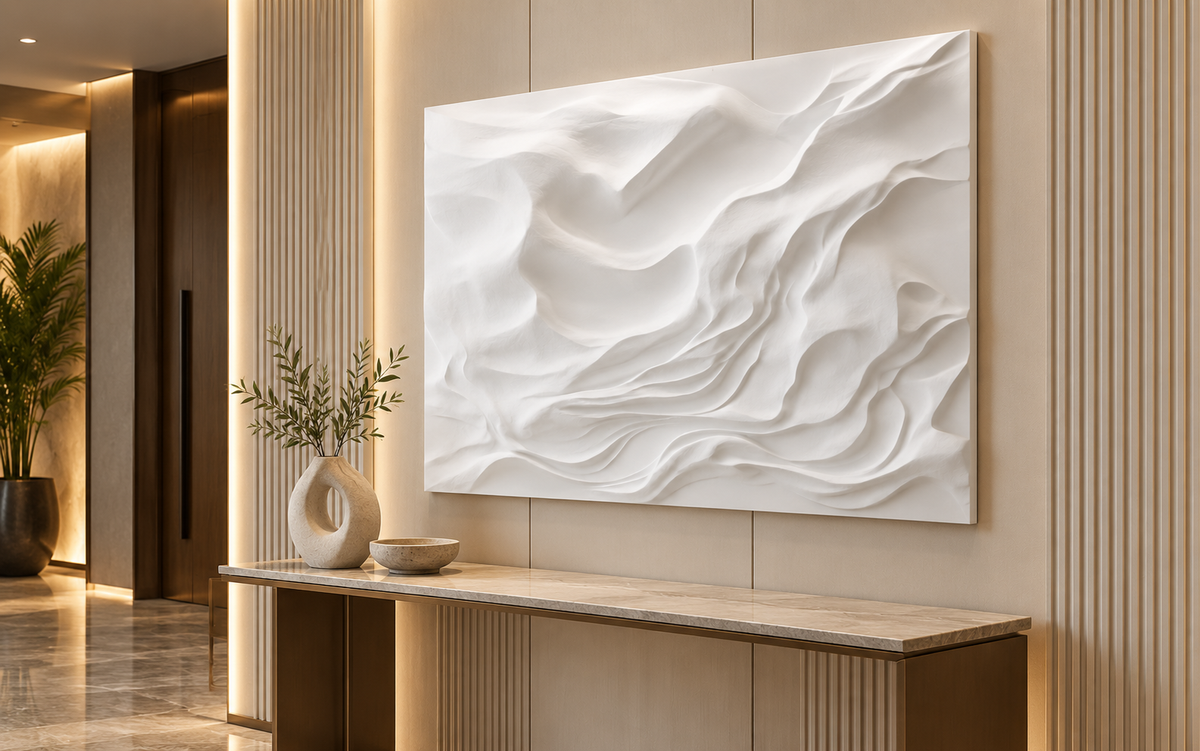 Folded Mountain Relief Corian Wall Panel CWP-615, right view in a Mumbai home setting; AI-assisted concept