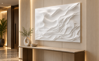 Folded Mountain Relief Corian Wall Panel CWP-615, right view in a Mumbai home setting; AI-assisted concept