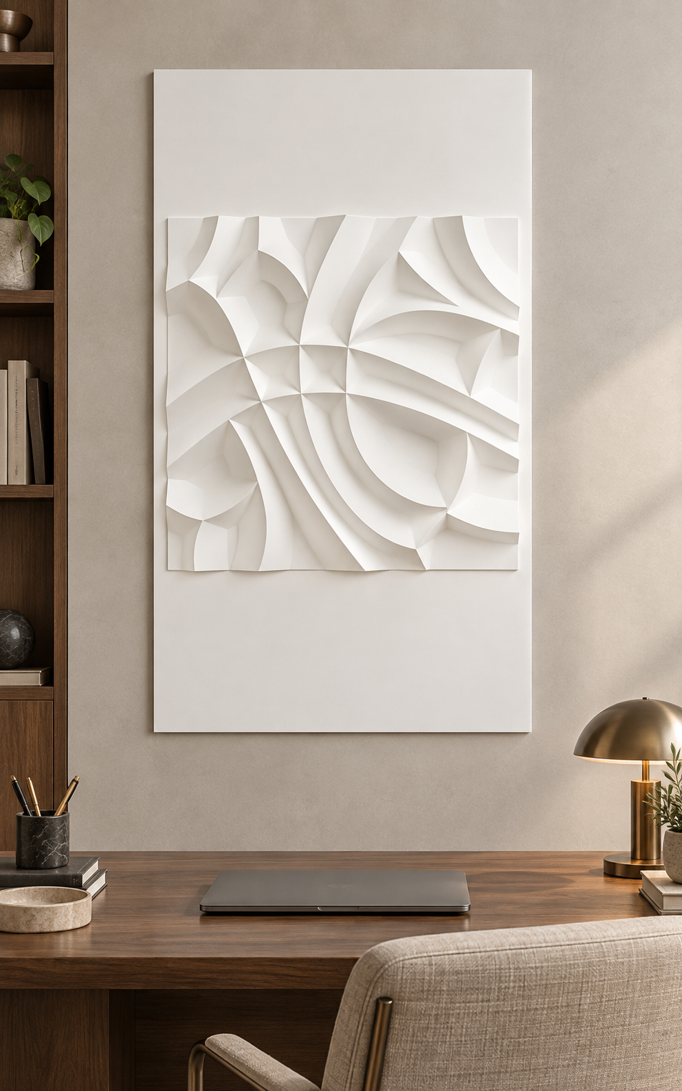 Folded Radial Facets Corian wall panel, front view in a Mumbai apartment home office, showing its satin white shallow relief.