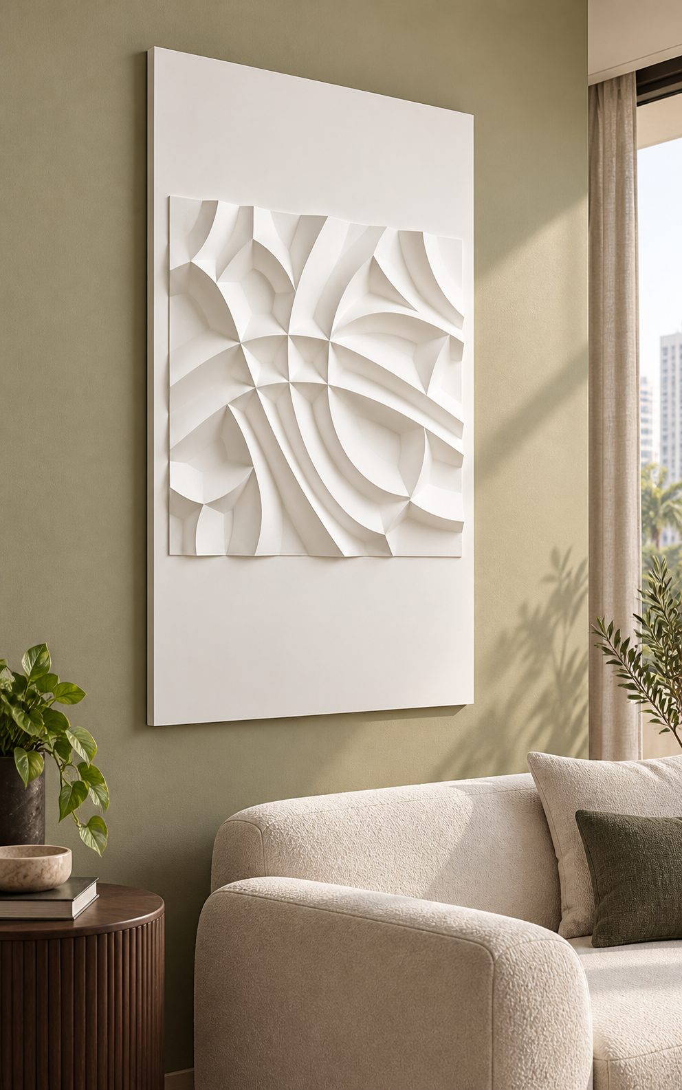 Folded Radial Facets Corian wall panel, left view in a Mumbai contemporary living room, showing its satin white shallow relief.