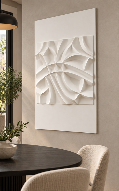 Folded Radial Facets Corian wall panel, right view in a Mumbai dining-room feature corner, showing its satin white shallow relief.