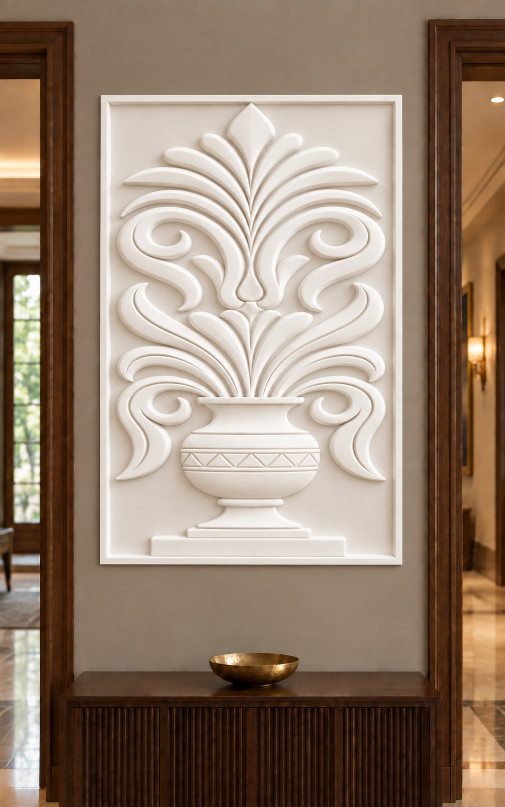 Foliate Urn Crest Corian wall panel, front view in a Mumbai formal entrance foyer; AI-assisted concept visualisation