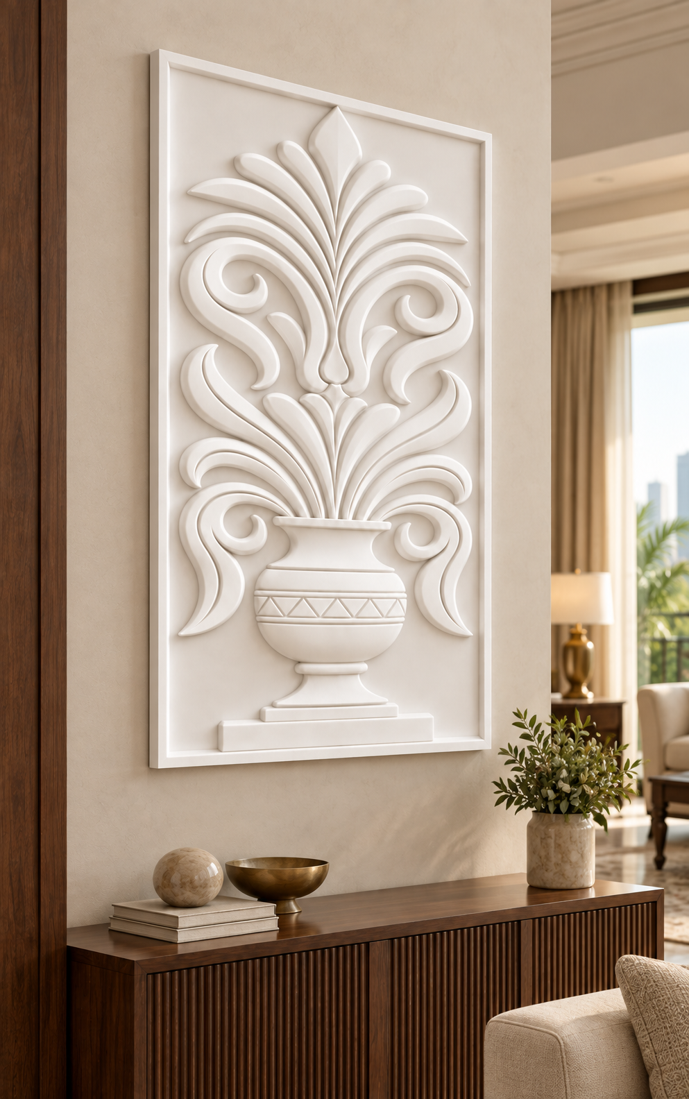Foliate Urn Crest Corian wall panel, left view in a Mumbai classic living room; AI-assisted concept visualisation