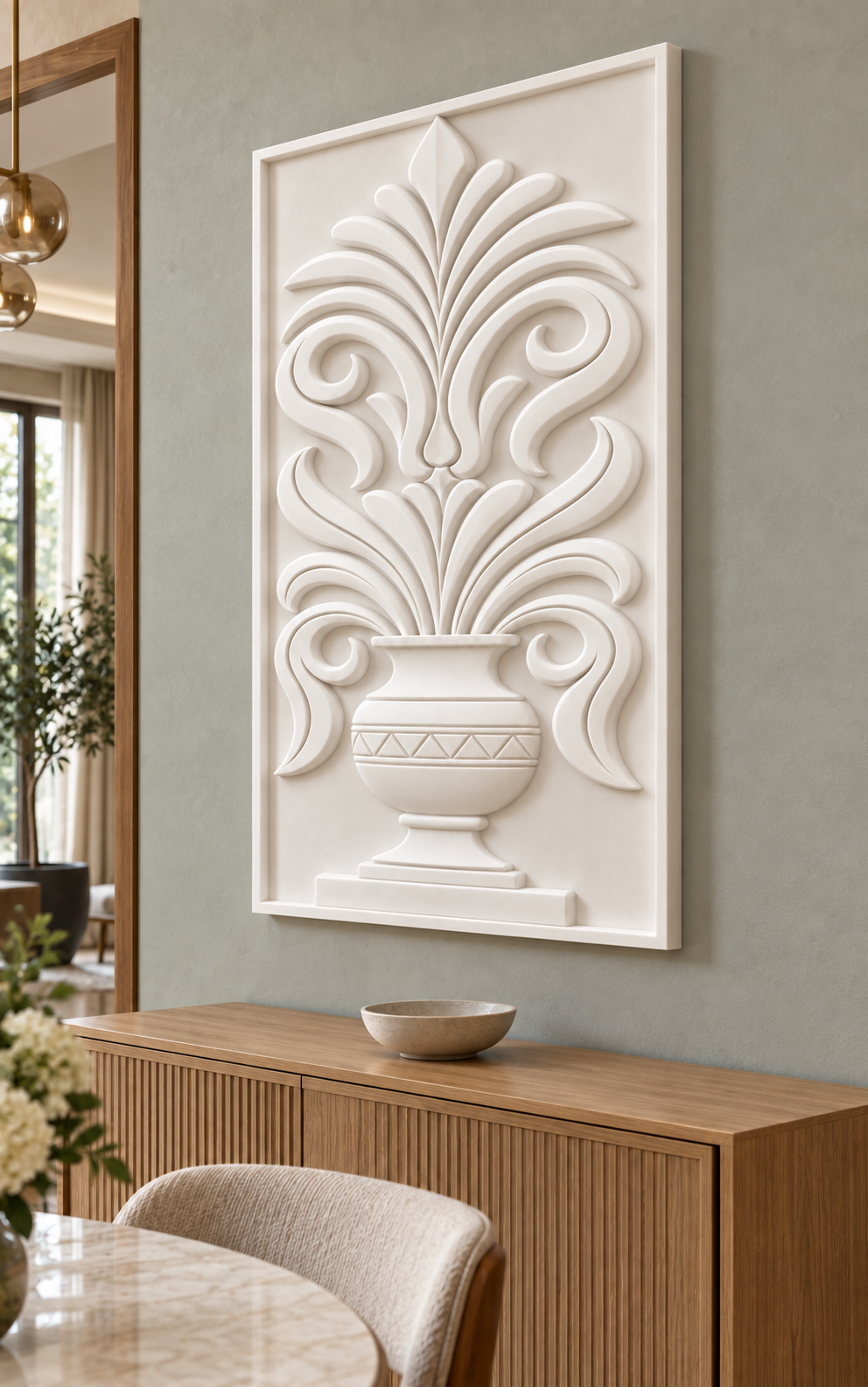 Foliate Urn Crest Corian wall panel, right view in a Mumbai dining room sideboard wall; AI-assisted concept visualisation