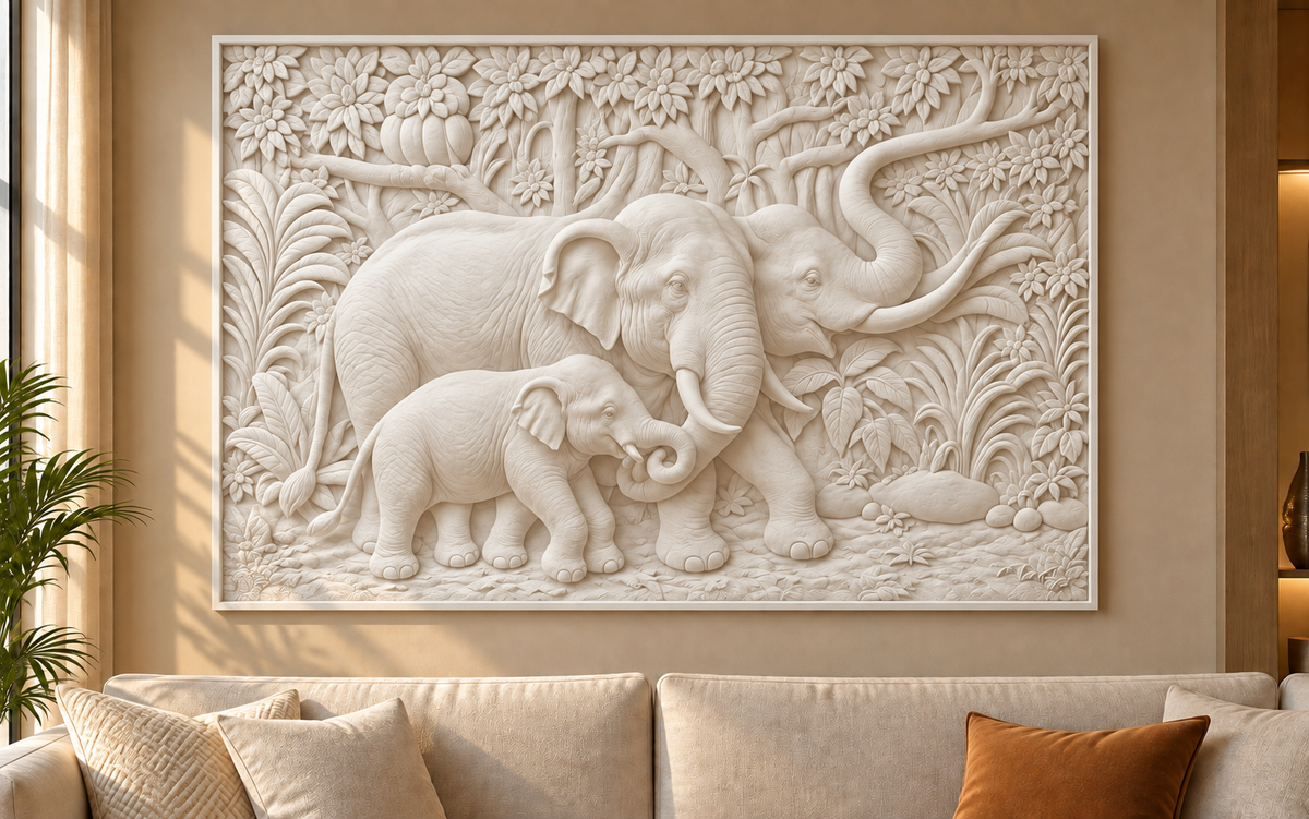 Forest Elephant Family Corian wall panel, 4 x 2.5 ft, front view in a family living room