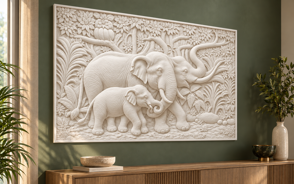 Forest Elephant Family Corian wall panel, 4 x 2.5 ft, left view in a dining lounge