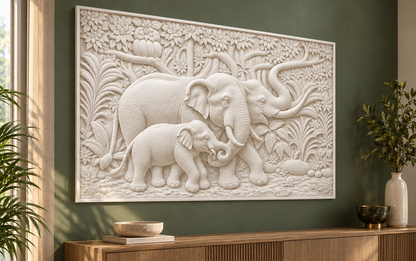 Forest Elephant Family Corian wall panel, 4 x 2.5 ft, left view in a dining lounge