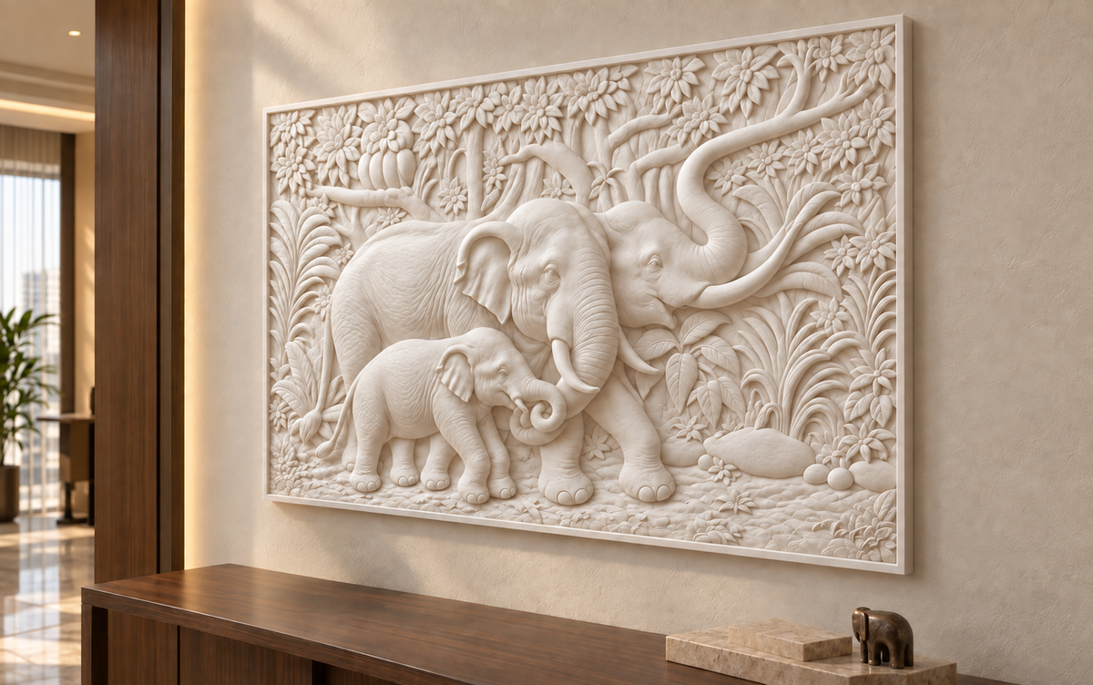 Forest Elephant Family Corian wall panel, 4 x 2.5 ft, right view in an apartment foyer