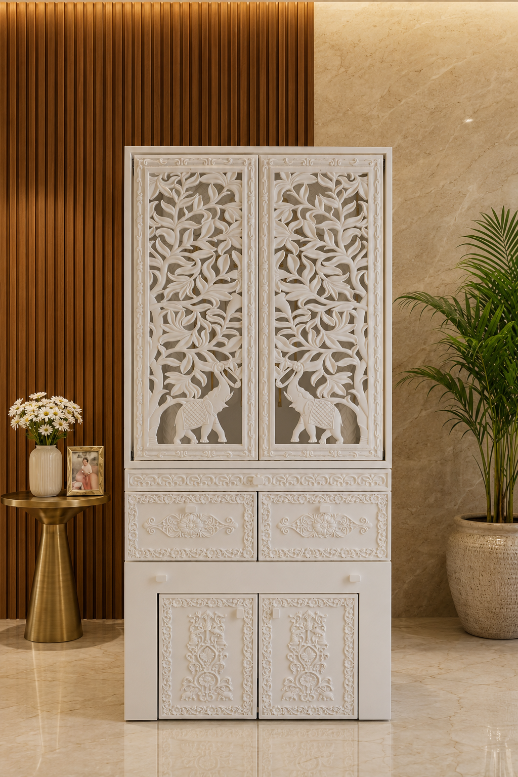 Hand-pierced 12mm Corian shutter-door carving with elephant motif, daylight detail view