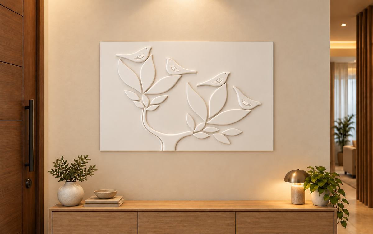 CWP-665 Four Bird Curved Branches Corian Wall Panel, 4 ft wide x 2.5 ft high, front view in a Mumbai home entrance foyer with a light-wood console; AI-assisted concept visualisation